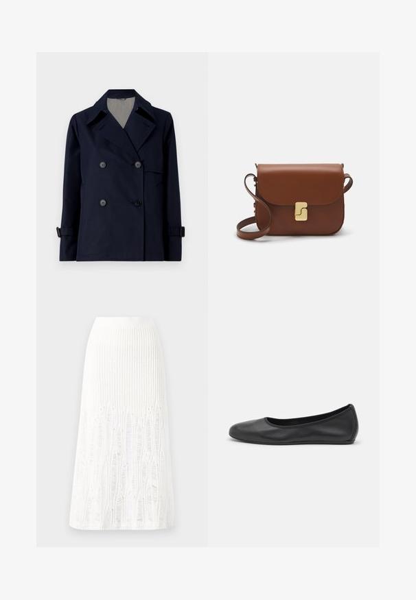 WEEKEND MaxMara BIGLIA - Kerge jope - navy; Valge lühikeste varrukatega T-särk ribatud kangast. Ümara kaelusega, tavalisest sobivusest ja peente õmbluse detailidega. Ilma mustrite või graafikateta.; Kootud valge midi seelik, millel on tekstuurine muster vertikaalsete joonte ja lõike-detailidega hemmi lähedal. Elastne vöökoht. Pehme materjal.; Musthave mustika tantsutossud mustast nahast, ümmarguse varbaga, siledast tekstuurist, minimaalse õmblusdetailiga ja paindliku tallakujundusega.; Pruunist nahast käekott, millel on klapiga sulgur, kuldne riistvara, õlarihm ja sile tekstuur. Kompaktne ristkülikukujuline vorm.