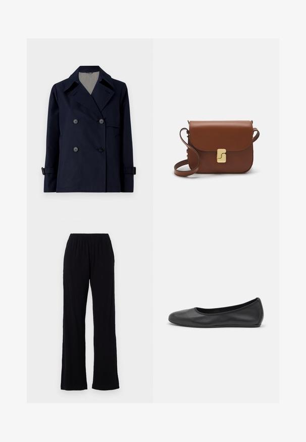 WEEKEND MaxMara BIGLIA - Light jacket - navy; White short-sleeve t-shirt made of ribbed fabric. Round neckline, regular fit, and subtle stitching details. No patterns or graphics.; Black, lightweight, elastic waist pants with a straight leg design. Soft texture with no visible patterns or accents. Simple and versatile style.; Black leather ballet flat with a rounded toe, smooth texture, minimal stitching detail, and a flexible sole design.; Brown leather handbag with a flap closure, gold-tone hardware, a shoulder strap, and a smooth texture. Compact rectangular shape.