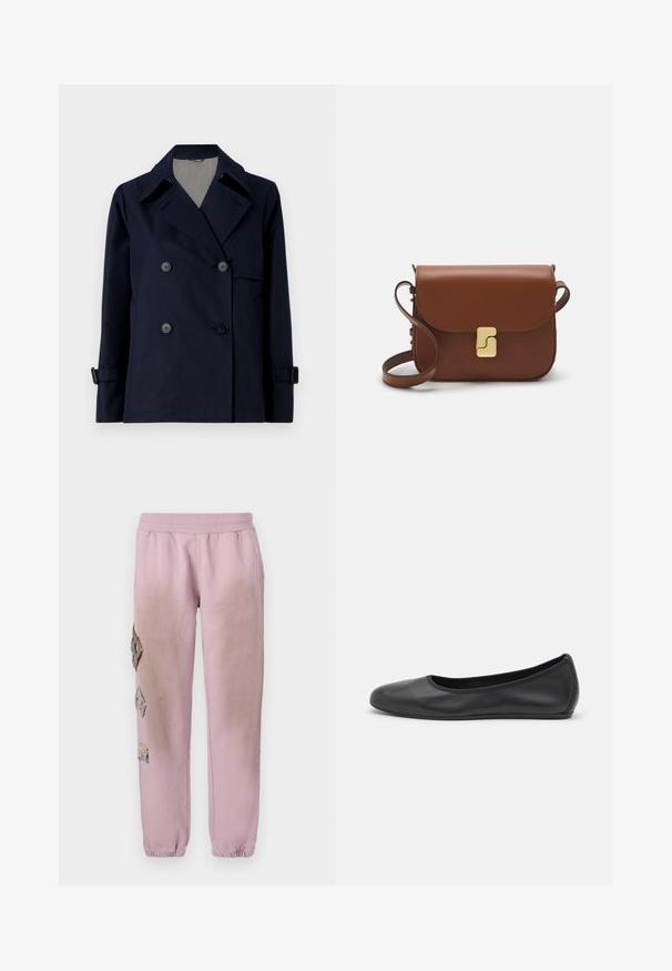 WEEKEND MaxMara BIGLIA - Lengva striukė - navy; Balta trumpa rankovėmis marškinėliai, pagaminti iš pasiruošusio audinio. Apvali iškirptė, reguliari tinkamumas ir subtilūs siuvimo detalės. Be raštų ar grafikos.; Rožinės sportinės kelnės su elastinga juosta, kairėje pusėje dekoruotos rombo formos aplikacijomis ir elastingais užkulniais.; Juodai odiniai baletai su apvaliu pirštu, lygi texture, minimalus siuvimo detales ir lanksčiu padų dizainu.; Ruda odinė rankinė su uždaromu dangteliu, aukso spalvos detalėmis, petneša ir lygiu paviršiumi. Kompaktiška stačiakampio formos.