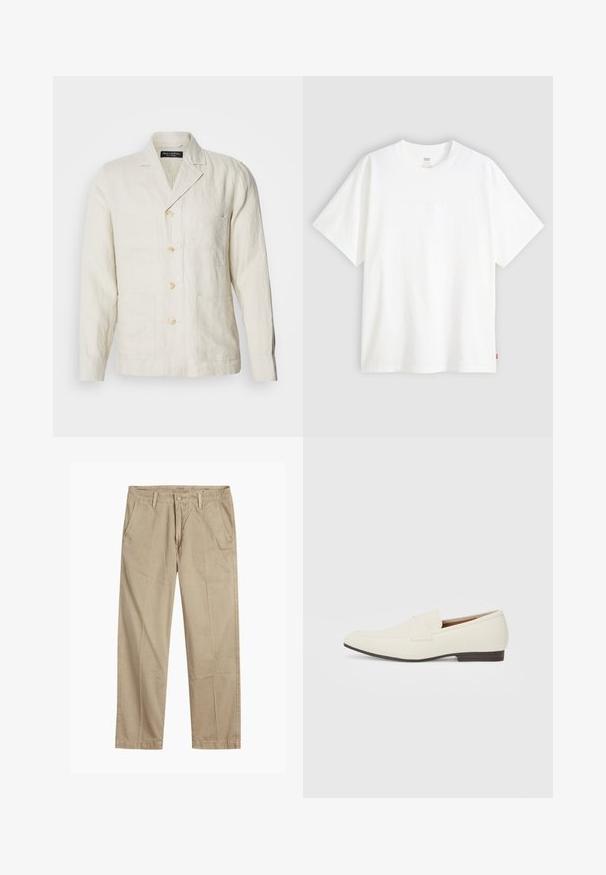 Lichtbeige linnen jas met een notch-kraag, vijf knopen aan de voorkant en vier voorzakken. Heeft een relaxed fit en subtiele textuur.; Witte pique t-shirt met korte mouwen van katoen en een ronde hals. Heeft een subtiele reliëf logo-detail aan de voorkant en een rood label aan de zoom.; Beige rechte pijpen chinos met riemlussen, voorkant met knoop en rits sluiting, en schuine voorzakken.; Lichtbeige loafers met een spitse neus, glad materiaal, een band over de wreef en een lage bruine zool. Eenvoudig ontwerp met minimale accenten.