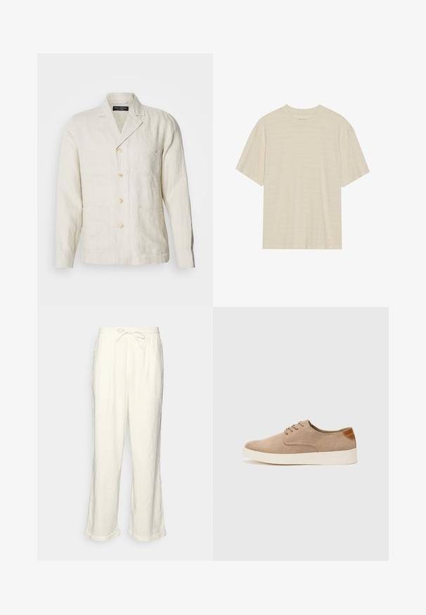Világos bézs vászonzakó, bemetszett gallérral, öt gombos elülső részel és négy elülső zsebbel. Lazább szabású és finom textúrájú.; Krém színű, rövid ujjú póló, finom csíkozott textúrával és kerek nyakkivágással, könnyű anyagból készült.; Sötétfehér len nadrág, húzózsinóros derékkal, enyhén bő szárakkal és feltekert szegéllyel a laza illeszkedés érdekében. Zsebek nélkül.; Beige velúr sportcipő, kerek orral, fűzős elülső résszel és textúrált hátsó részlettel. Fehér gumitalp kontrasztot ad. Egyszerű és modern design.