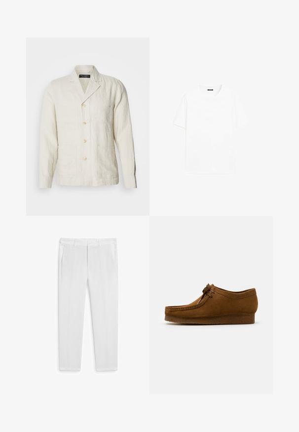 Lichtbeige linnen jas met een notch-kraag, vijf knopen aan de voorkant en vier voorzakken. Heeft een relaxed fit en subtiele textuur.; Witte katoenen t-shirt met korte mouwen, ronde halslijn en recht gesneden. Gladde textuur zonder zichtbare patronen of accenten.; Witte linnen broek met een rechte snit, voorzien van twee zijzakken en een knoopsluiting. Soepele textuur, zonder zichtbare patronen of accenten.; Bruine suède schoen met een ronde neus en een lage hak, gedetailleerde stiksels langs de naden en een vetersluiting aan de voorkant. Zachte textuur met een gestroomlijnd ontwerp.