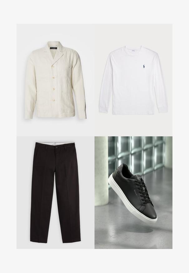 Light beige linen jacket with a notched collar, five-button front, and four front pockets. Features a relaxed fit and subtle texture.; White long-sleeve T-shirt made of cotton. Features a round neckline, ribbed cuffs, and a small navy blue polo logo on the left chest.; Black straight-leg chinos with belt loops, button closure, and side pockets, displayed on a light gray background.; Black leather sneaker with white rubber sole, round toe, and lacing. Features a smooth texture and subtle branding on the tongue.