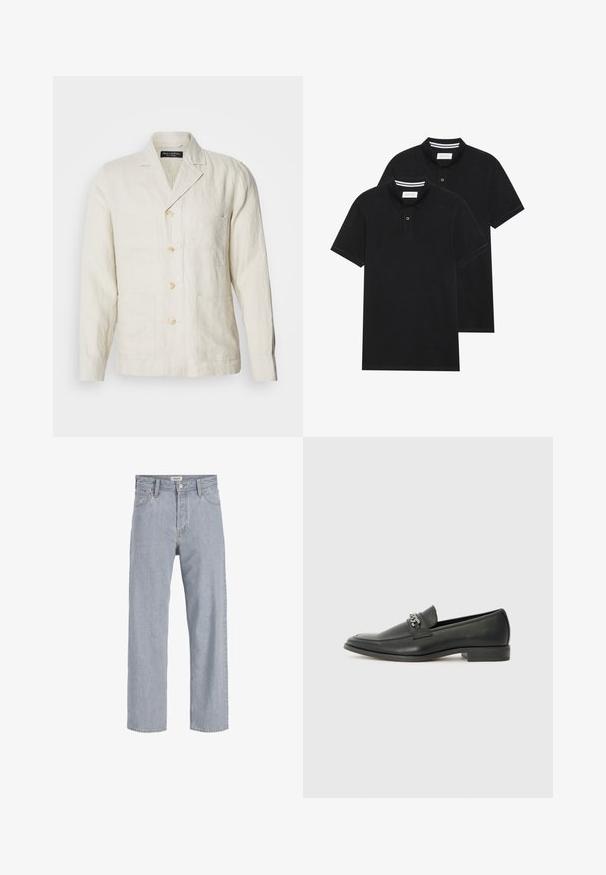 Lys beige linjakke med notched krage, fem-knapps front og fire frontlommer. Har en avslappet passform og subtil tekstur.; To svarte polo skjorter, kortermet, i bomullsmateriale, med krage i klassisk stil, to-knapps knappestolpe, og hvite striper inni kragen.; Lyseblå denimbukser med avslappet passform, rett ben-design, synlige sømmer, to frontlommer og knappelukking.; Sorte skinnloafers med en glatt finish, og med en sydd design og en dekorativ metallkjedeakcent over foten. Flat hæl.