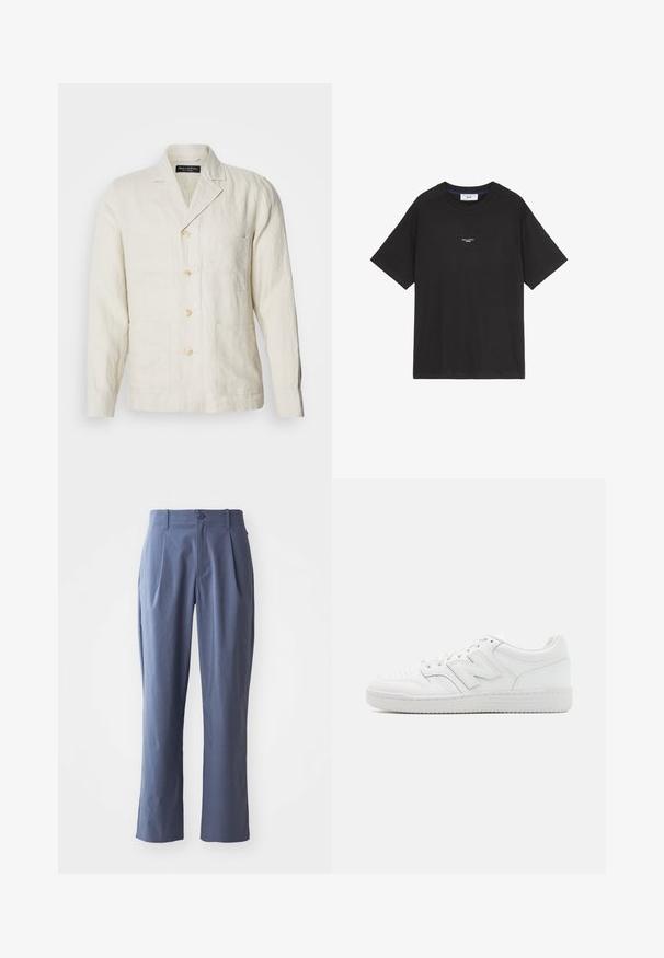 Helle beigefarbene Leinenjacke mit Reverskragen, Fünf-Knopf-Front und vier Fronttaschen. Verfügt über eine entspannte Passform und eine dezente Textur.; Schwarzes Baumwoll-T-Shirt mit Rundhalsausschnitt und kurzen Ärmeln. Verfügt über ein kleines weißes Logo-Detail auf der Vorderseite. Einfaches Design, lockere Passform.; Marineblaue Hose mit Falten, gerader Schnitt, aus leichtem Stoff, mit einem einzigen Frontknopfverschluss und Gürtelschlaufen.; Weiße Sneaker aus glattem Leder, mit perforierter Zehenpartie, einer strukturierten Gummisohle, flachen Schnürsenkeln und einem auffälligen 'N'-Logo an der Seite.