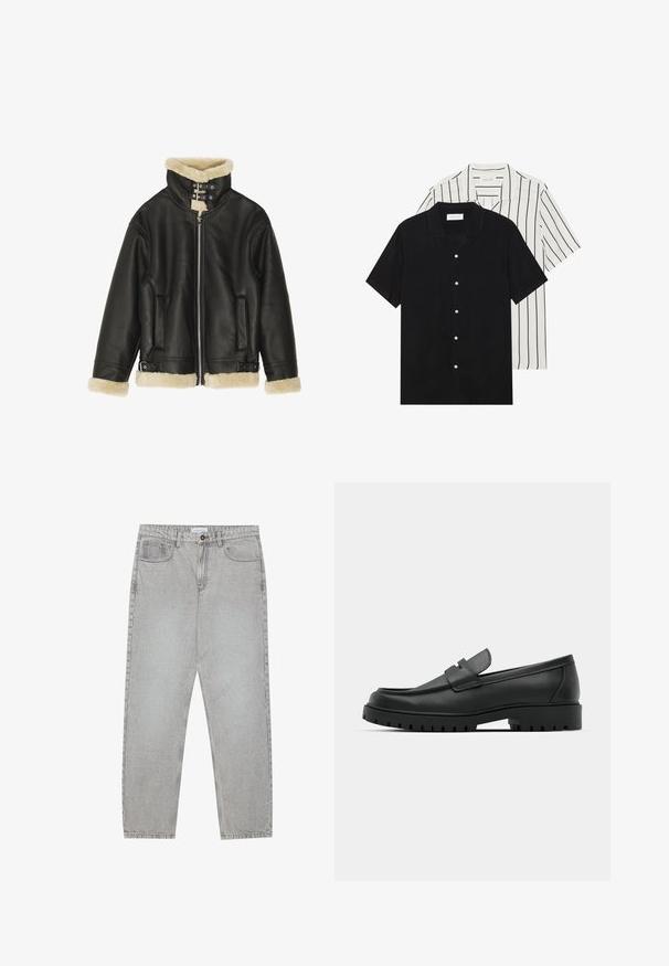 Veste en cuir noir avec un col et des poignets en fourrure. Elle possède une fermeture éclair, deux poches latérales et des sangles ajustables au bas.; Deux chemises à manches courtes : l'une noire unie, l'autre blanche avec des rayures verticales noires. Les deux ont des boutons et un col classique.; Pantalon en denim gris clair avec une coupe droite, cinq poches et une fermeture à bouton. Coutures visibles le long des coutures.; Mocassins en cuir noir à bout arrondi, avec un design cousu, une semelle plateforme basse et une semelle en caoutchouc texturée et crantée.