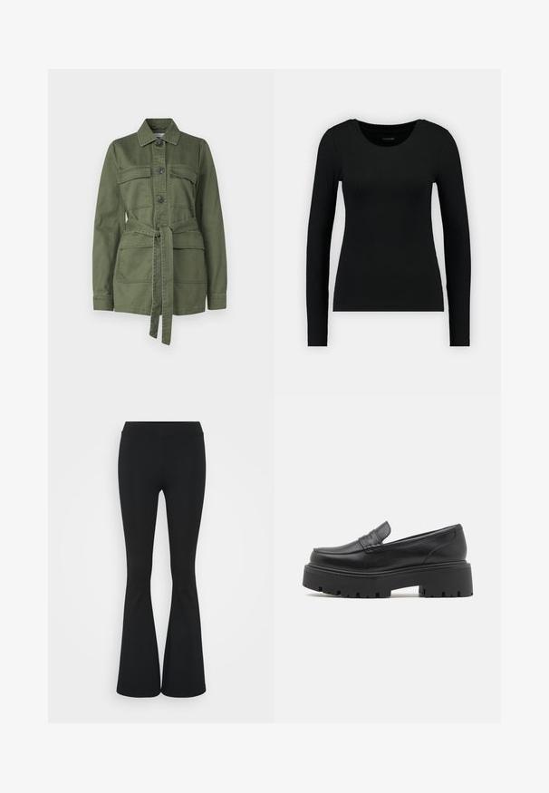 Olijfgroene jas van katoen, met een knoopsluiting aan de voorkant, twee borstzakken, een ceintuur in de taille, en een kraag, met lange mouwen.; Zwarte longsleeve shirt van ribstof. Heeft een ronde halslijn en een getailleerde pasvorm. Eenvoudig ontwerp zonder patronen of accenten.; Zwarte uitlopende broek van rekbaar materiaal, met een hoge tailleband en een gladde textuur. De broek loopt uit vanaf de knie.; Zwarte leren instappers met een lage, dikke rubberen zool, gestikte details op de bovenkant en een gladde textuur.