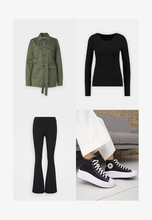Casaco verde-oliva feito de algodão, com fecho de botões à frente, dois bolsos no peito, cintura com cinto e colarinho, com mangas longas.; Camisa preta de manga longa feita de tecido canelado. Apresenta um decote redondo e um corte justo. Design simples sem padrões ou detalhes.; Calças pretas de corte alargado feitas de tecido elástico, com uma cintura alta e uma textura suave. As calças alargam-se a partir do joelho.; Ténis pretos de cano alto com solas e atacadores em borracha branca. Apresentam um emblema redondo e costuras contrastantes em branco. Material em lona.