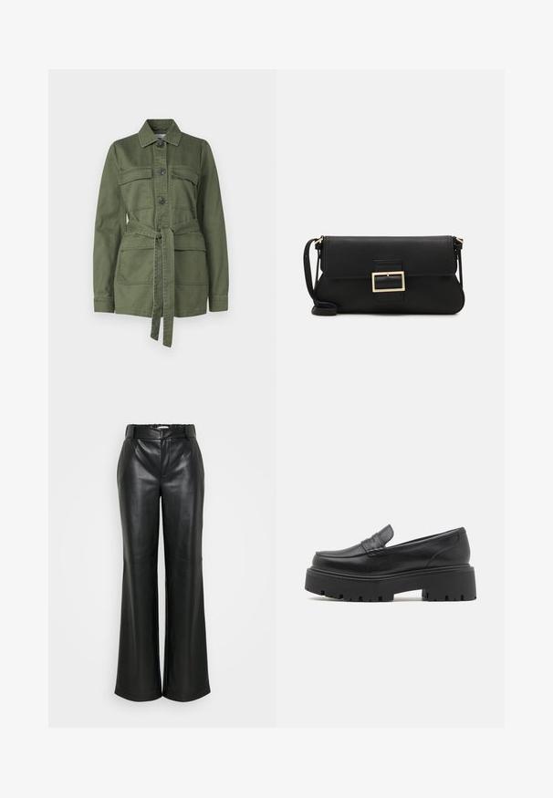 Oliwkowa kurtka z bawełny, z zapięciem na guziki, dwoma kieszeniami na piersi, paskiem w talii i kołnierzykiem, z długimi rękawami.; Czarna koszulka z długim rękawem wykonana z prążkowanej tkaniny. Posiada okrągły dekolt i dopasowany krój. Prosty design bez wzorów ani akcentów.; ONLY Tall ONLSMOOTH WIDE czarny; Czarne skórzane mokasyny z niską, grubą gumową podeszwą, przeszywanymi detalami na cholewce oraz gładką fakturą.; Czarna skórzana torebka kopertowa z klapką i detalem w postaci złotej metalowej klamry. Zawiera czarny pasek oraz elegancki, minimalistyczny design.; Złote kolczyki w kształcie kółek o gładkim, błyszczącym wykończeniu. Okrągły design z małym klipsem i przezroczystym zapięciem zapewniającym bezpieczne noszenie.