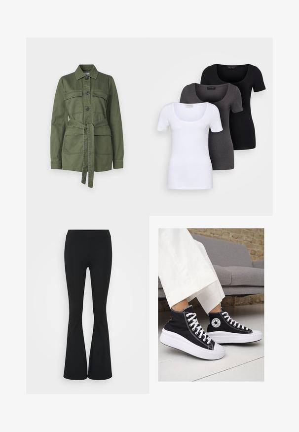 Alyvuogių žalia medvilninė striukė su mygtukų priekyje, dviem krūtinės kišenėmis, dirželiu talijoje ir apykakle, su ilgomis rankovėmis.; Trys priderinti marškiniai: balti, pilki ir juodi. Kiekvienas turi plačią apvalią iškirptę ir trumpas rankoves. Pagaminti iš lygaus, tamprių audinio.; Juodai platėjantys kelnių, pagamintų iš tamprių medžiagų, kurie turi aukštą juosmenį ir lygią tekstūrą. Kelnės platėja nuo kelio.; Juodi kanvasiniai aukšti sportbačiai su baltais guminiais padu ir raišteliais. Šonuose yra apskritas logotipas ir ryški balta siūlė.