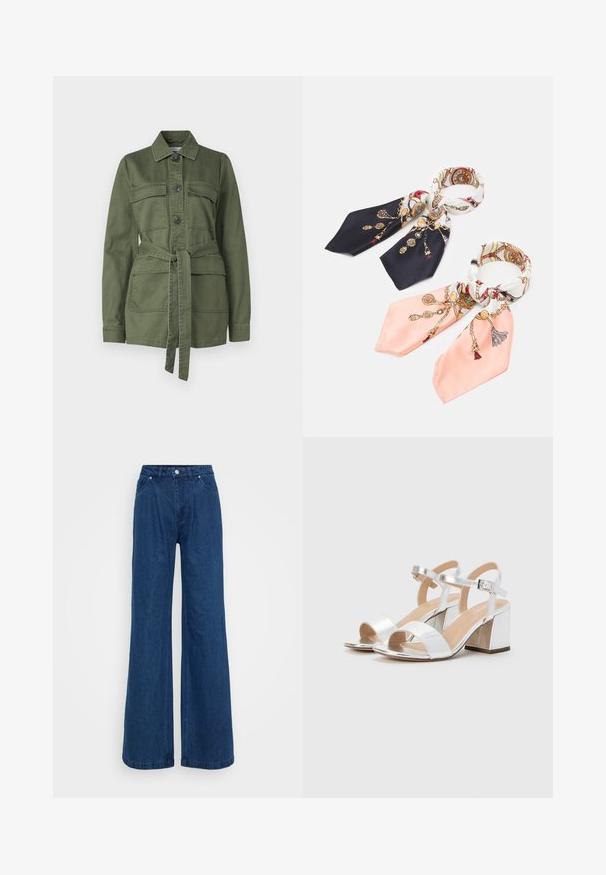 Maslinasto zelena jakna od pamuka, s gumbima sprijeda, dva džepa na prsima, pojasom u struku i ovratnikom, s dugim rukavima.; Bijela majica kratkih rukava s okruglim izrezom. Izrađena od mekog materijala, ima opuštenu siluetu i suptilne detalje šivanja.; Široke plave traperice s visokim strukom, prednjim dugmetom i patent-zatvaračem, te prednjim i stražnjim džepovima na jednobojnoj pozadini.; Srebrne sandale s visokim potpeticama i otvorenim prstima, sa dva široka remena i zaobljenim blok potpeticama. Glatka tekstura s metalik premazom.; Anna Field 2 PACK - Marama - dark blue/pink