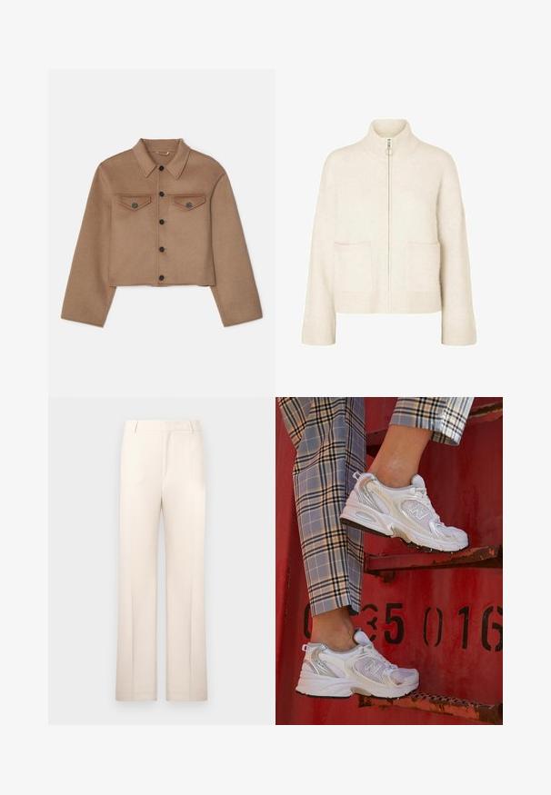 Filippa K SHORT JACKET - Tunn jacka - dark khaki; Beskuren krämfärgad tröja med hög krage, framdragkedja och två framfickor. Tillverkad av mjukt stickat tyg med ribbade detaljer.; Vit ribbad linne med spetsdetaljer vid halsringningen och ärmarna. Har en mjuk textur och en figurnära passform. Märkessymbol synlig inuti.; Beige skräddarsydda byxor med rak bendesign, tillverkade av lättviktsmaterial. Har framfickor och en klassisk midja.; Vita nät-sneakers med silverdetaljer och en texturerad sula, placerade på en röd yta, tillsammans med rutiga byxor.