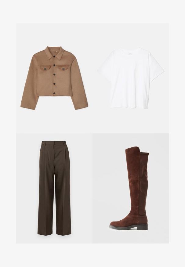 Filippa K SHORT JACKET - Jachetă de vară - dark khaki; Tricou alb din bumbac, cu mâneci scurte, guler rotund, croi lejer și tiv cusut. Eticheta este vizibilă pe interiorul gulerului.; Pantaloni largi maro, cu o textură netedă, având talie înaltă, plisse pe față și un design croitorie. Fără buzunare vizibile sau decorațiuni.; Botă înaltă din suede și țesătură maro, cu toc negru jos și vârf rotund, prezentată dintr-o laterală pe un fundal alb simplu.