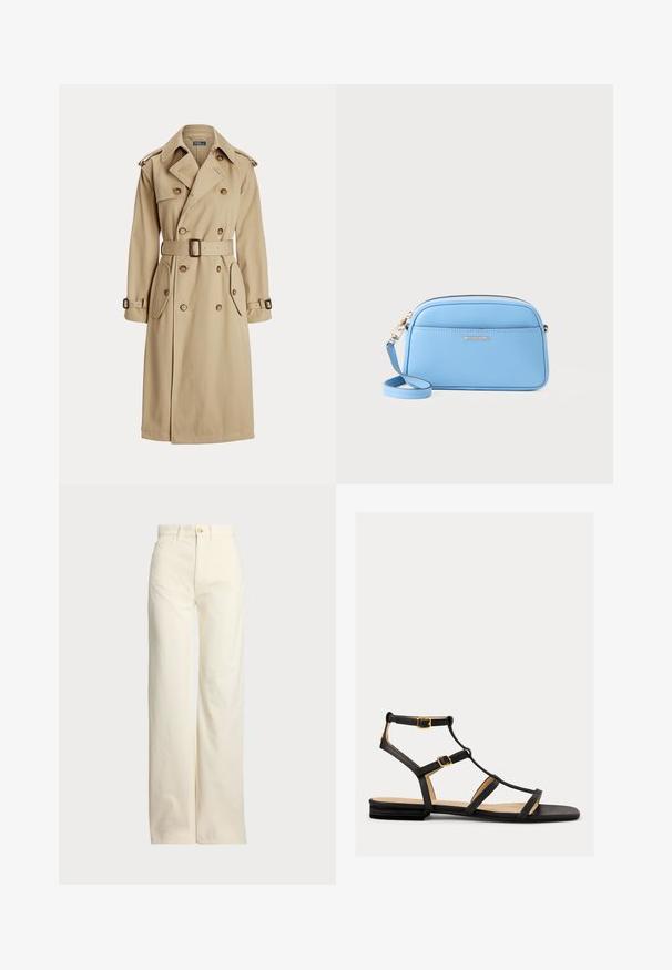 Bež trench coat kahe rinna nupuga, suurte nööpidega, vöökohtadega, kahe küljetaskuga ja õlavarre epaulettidega. Sile kangatextuur.; Valge ilma varrukateta kootud sviiter, mis on valmistatud siledast puuvillast, ribitud äärtega ja väikese tumesinise logoga alumises vasakus nurgas. Lihtne disain, ilma mustriteta.; Polo Ralph Lauren COTTON CORDUROY WIDE-LEG PANT - Püksid - warm white; Mustad mustad sandaalid mitme rihmaga, kuldsete detailidega ja siledast materjalist. Madal profiil ja pehmendustega tallad.; Hele sinine nahast ristiõlakott kuldse viimistlusega, tõmblukk, ja eesmine tasku. Omab reguleeritavat rihma mugavuse tagamiseks.