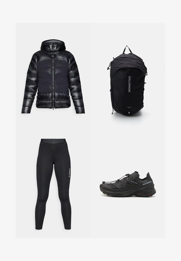 Black puffer jacket with a hood, featuring a shiny texture on the shoulders and sleeves, and a matte finish on the body, zip closure front.; Long-sleeve white athletic top with mock neck and small centered logo on chest, displayed on a plain background.; Black athletic leggings with a fitted design, made of stretchy material. Features side pockets and white "TERREX" branding.; Black trail running shoes with a textured upper, mesh panels, and a secure fastening system. Features a rugged outsole for traction.; Black backpack with a streamlined design, textured fabric, adjustable straps, and a prominent silver "SALOMON" logo on the front.
