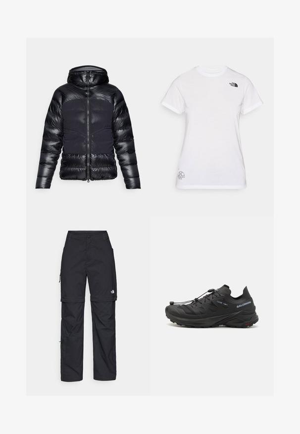 Zwarte pufferjack met een capuchon, voorzien van een glanzende textuur op de schouders en mouwen, en een matte afwerking op het lijf, met een ritssluiting aan de voorkant.; Witte katoenen t-shirt met een zwart logo op de linkerborst en een grijs grafisch ontwerp rechtsonder. Klassieke ronde hals en korte mouwen.; Zwarte nylon cargo broek met afneembare pijpen, verstelbare manchetten, meerdere zakken en een logo op het rechterbeen. Gladde, lichte textuur.; Zwarte trailschoen voor hardlopen met een gestructureerde bovenkant, meshpanelen en een veilig bevestigingssysteem. Beschikt over een robuuste buitenzool voor grip.