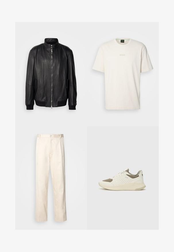 Casaco de couro preto com fecho de correr frontal, colarinho com botões de pressão, bolsos laterais e punhos e bainha em malha, exibido sobre um fundo simples.; BOSS TEE - T-shirt básica - open white; Calças de algodão bege com corte reto, apresentando um fecho de botão e pregas na frente para um detalhe adicional.; Sapatilha atlética branca e bege claro, com parte superior em malha, detalhes perfurados e uma entressola texturizada com marcação no calcanhar.