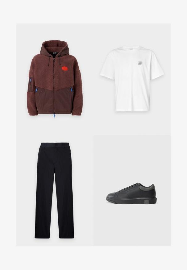 Brun zip-up jakke med en teksturert, fluffy øvre del og glatt nedre del. Har hette, brodert logo og blå glidelåser.; Hvit T-skjorte laget av bomull, med korte ermer, rund hals og en liten grå logo på venstre brystområde. Smooth tekstur.; Sorte bukser med lett og teksturert stoff, rett ben-design, elastisk midjebånd og sidelommer med glidelås.; Sorte lærersneakers med en glat finish, rund tå og mørkegrå detaljer. Har snørebånd og en struktureret gummisål.