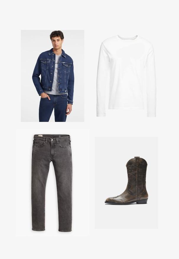 Tume sinine denim jakk, millel on nööbid, rinna-taskud ja klassikaline krae. Kanda heledat halli T-särki. Lihtne disain ja sobivus.; Pikad varrukad valge t-särk, mis on valmistatud pehmest puuvillast. Ümmargune kaelus, sirge lõikega ääred ning ilma nähtavate mustrite või graafikateta.; Hallid hallid teksad sirge lõikega, viie tasku kujunduse ja nupuvajutusega. Omab peent tuhmumist ja toon-toonis õmblemist üle kogu.; Pruun nahast cowboy saapad, millel on pikk vars, terav varvas, keerukad õmblusmustrid ja väike konts. Ühtlane tekstuur kogu ulatuses.
