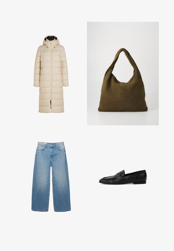 Puchowa długa kurtka w jasnym beżu z kapturem, zamek błyskawiczny z przodu i bocznymi kieszeniami. Posiada poziome przeszycia i regulowane mankiety.; Czarny sweter wykonany na szydełku z okrągłym dekoltem, długimi rękawami i skróconym fasonem. Wykonany z miękkiego materiału o gładkiej fakturze.; Jasnoniebieskie dżinsy o szerokich nogawkach, wykonane z denimu, charakteryzujące się klasycznym pięciopocketowym fasonem i zapięciem na guzik. Przez cały materiał widoczny jest efekt wypłowienia.; Czarne skórzane mokasyny z zaokrąglonym noskiem, haftem z przodu i płaską podeszwą. Minimalistyczny design z subtelnym akcentem logo.; Torebka z tkaniny plecionej w oliwkowym kolorze o przestronnym, zaokrąglonym kształcie i jednym, wydłużonym uchwycie do noszenia. Teksturowana powierzchnia.