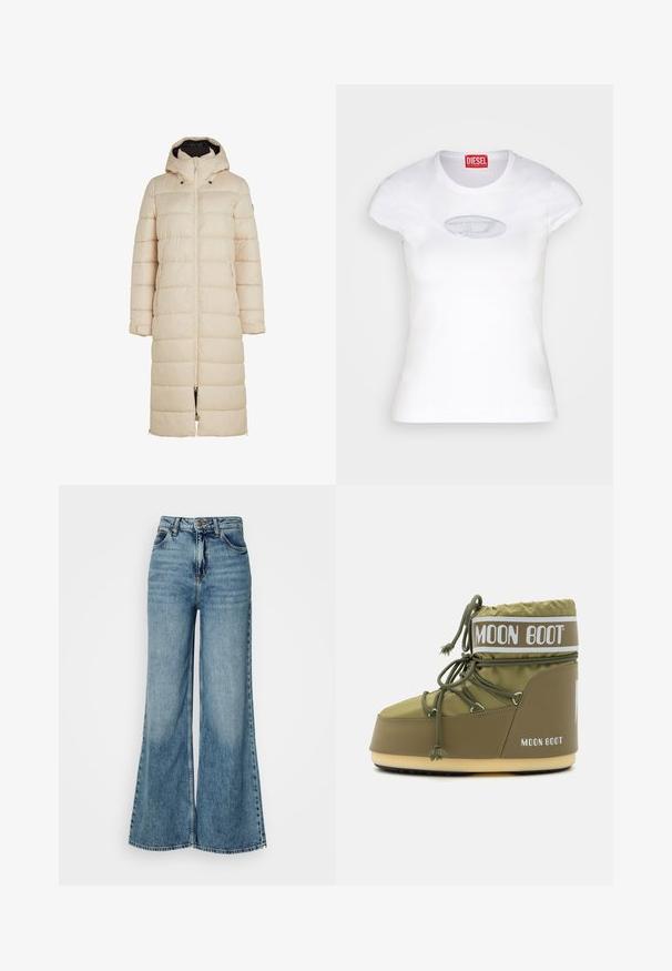 Gepolsterter langer Mantel in hellem Beige mit Kapuze, Frontreißverschluss und Seitentaschen. Verfügt über horizontale Steppungen und verstellbare Ärmelbündchen.; Weißes, enganliegendes T-Shirt aus Baumwolle mit rundem Ausschnitt und kurzen Ärmeln, versehen mit einem hellblauen, gestickten Logo auf der Vorderseite.; Hoch taillierte, hellblaue weite Jeans mit Fronttaschen und Knopfverschluss, vor einem schlichten weißen Hintergrund gezeigt.; Moon Boot ICON LOW UNISEX - Snowboot/Winterstiefel - khaki
