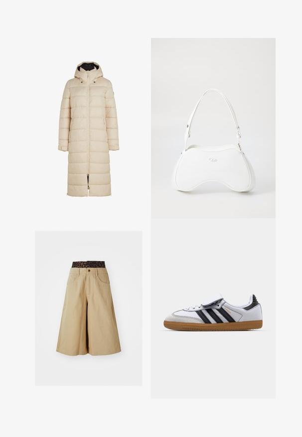 Kergedatud pikk beebi beez mantэль, millel on kapuuts, esine tõmblukk ja küljetaskud. Omab horisontaalset tikandit ja reguleeritavaid varrukate mansette.; Pruun pikkade varrukatega lühike topp, mis on valmistatud siledast materjalist, ümara kaelusega ja kehaääristava disainiga. Ilma nähtavate mustrite või aktsentideta.; Khaki lühikesed püksid laia jala designiga ja leopardimustriga vöökoht. Omab eespoolt taskuid ja nööbid. Sujuv, tekstureeritud kangas.; Valge nahkne tennisepaar mustade triipudega ja hallide aktsentidega, ümara toe ja kummi kummist tallaga. Velcro lukk ja paelte sulgemine.; Valge käekott, millel on sile ja läikiv pind, kõver kuju ning üks reguleeritav rihm. Ees on kaubamärgi logo kõrgelt pressitud.