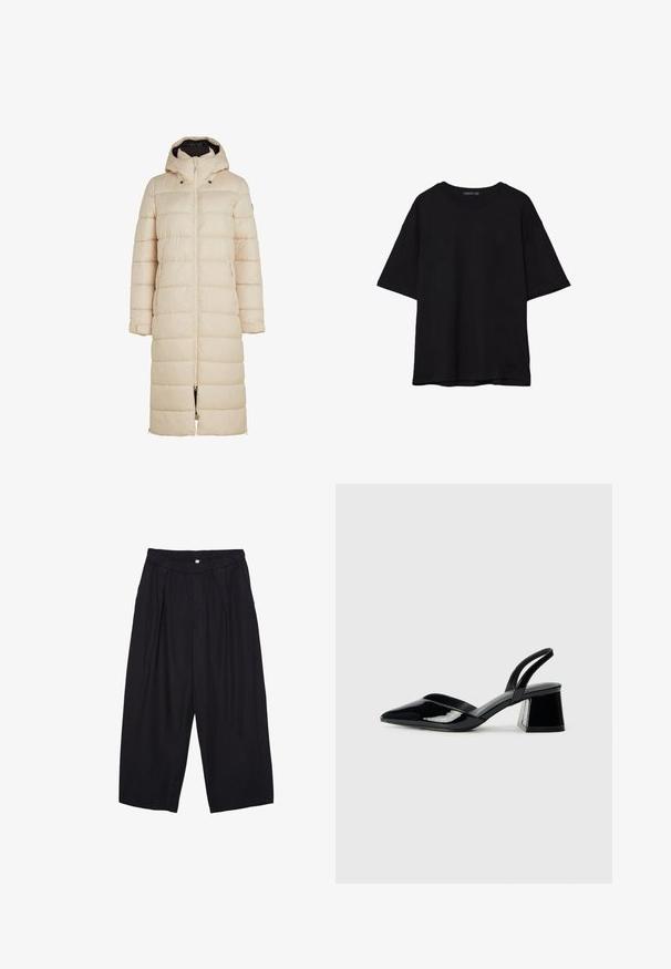 Polstret lang jakke i lyse beige med hætte, frontlynlås og sidelommer. Har horisontal quiltning og justerbare ærmekanter.; Sort bomulds T-shirt med en afslappet pasform, korte ærmer, rund halsudskæring og en glat tekstur. Ingen synlige mønstre eller accenter.; Sorte polyester culotte bukser med elastisk talje, to forpiber og en løs silhuet. Ingen synlige mønstre eller hardware detaljer.; Sorte patentlæder slingback hæle med spids tå og en geometrisk blok hæl. Har et elegant, minimalistisk design og en glat tekstur.