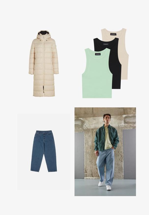 Vaatteena pitkä pehmustettu takki vaaleanbeigeissä väreissä, jossa on huppu, etuvetoketju ja sivutaskut. Takissa on vaakasuora tikkaus ja säädettävät hihansuut.; Kolme tanktoppi mintunvihreänä, mustana ja beigeenä; ribbikankaasta valmistettu, pyöreällä kaula-aukolla ja ilman hihoja. Brändilabel näkyvissä.; Sininen farkkuhousut, joissa on rento istuvuus, korkea vyötärö, viisi taskua ja ompeluaccentit. Varustettu napilla ja vetoketjulla.; Vihreä pommikoden takki vaalean keltaisen polo-paitaan päällä, yhdistettynä löysiin sinisiin farkkuihin ja valkoisiin lenkkareihin. Sileät kankaat, rento malli, minimaalinen varustus.