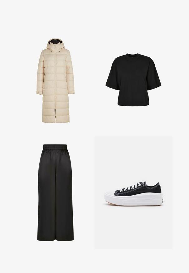 Gepolsterter langer Mantel in hellem Beige mit Kapuze, Frontreißverschluss und Seitentaschen. Verfügt über horizontale Steppungen und verstellbare Ärmelbündchen.; Schwarzes, kurz geschnittenes T-Shirt aus Baumwolle. Hat kurze Ärmel und einen runden Halsausschnitt. Glatte Textur mit einem schlichten Design, ohne zusätzliche Muster.; Schwarze, weit geschnittene Hosen aus glattem, glänzendem Stoff mit elastischem Bund und ohne sichtbare Taschen oder Metallteile.; Schwarze Canvas-Sneaker mit weißen Schnürsenkeln, weißer Gummikappe und einer massiven weißen Zwischensohle. Besondere Merkmale sind dezente weiße Nähte und eine Gummisohle.