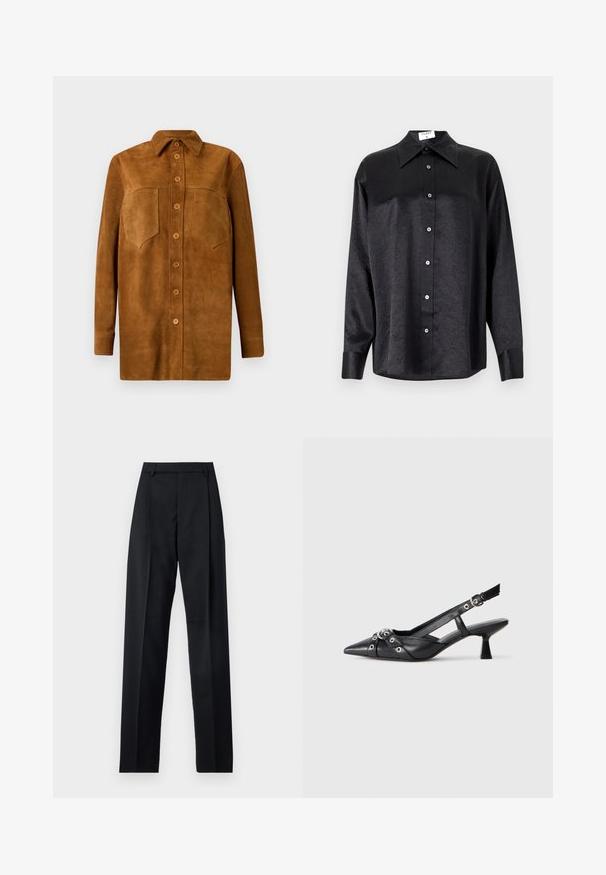 Ruda zomšinė marškininė striukė su apykakle, ilgomis rankovėmis, mygtukų uždarymu ir dviem krūtinės kišenėmis, pasižyminti lygiu paviršiumi.; Juodas ilgarankovis marškinis su apykakle, turintis plėšyta tekstūra, visiško mygtukų uždarymo priekyje ir rankogaliais. Pagamintas iš lygaus audinio.; Juodos kelnės iš lygaus audinio, pasižyminčios aukštu liemeniu, plačiomis kojomis, priekinėmis klostėmis ir klasikiais diržo kilpomis. Šoninių kišenių nematyti.; Juodas odinis slingback tipo batai su smailiu priekiniu atvartu, dekoratyvinėmis sagtimis su metaliniais akyčiais ir žemu blokiniu kulnu. Saldus paviršius.