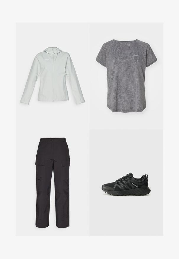 Light gray waterproof jacket with a hood, full front zipper, long sleeves, and two side pockets; smooth texture and minimal branding.; Gray short-sleeve shirt featuring a subtle textured pattern, round neckline, and Columbia logo on the chest. Soft fabric, relaxed fit.; Black cargo pants made of durable fabric, featuring multiple side pockets, a button closure, and a loose fit with straight legs.; Columbia PEAKFREAK - Hiking shoes - black