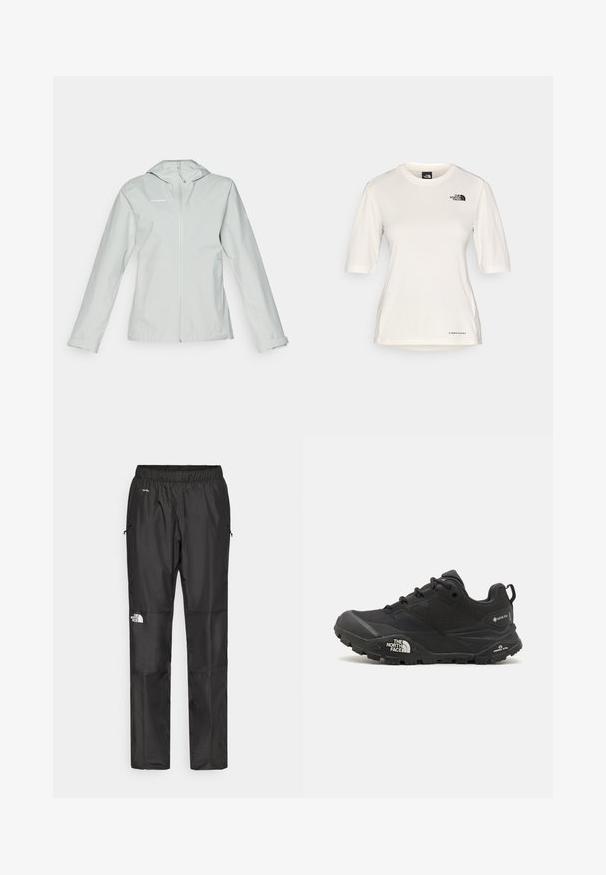 Light gray waterproof jacket with a hood, full front zipper, long sleeves, and two side pockets; smooth texture and minimal branding.; The North Face SHADOW SHORT SLEEVE - Sports T-shirt - white dune; Black waterproof pants made from lightweight fabric, featuring an elastic waistband, side pockets, and a logo on the left leg.; Black hiking shoe with a textured upper, lace closure, and a chunky rubber sole featuring a prominent logo on the side and tread patterns.