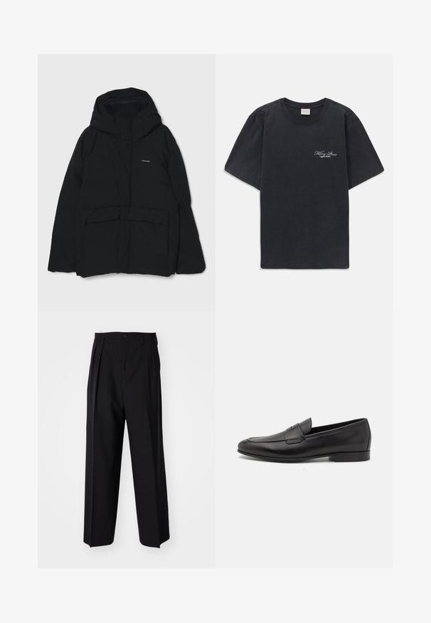 Doudoune noire avec capuche, boutons à l'avant, deux grandes poches et un logo sur la poitrine. Texture lisse au design minimal.; T-shirt noir à manches courtes et col rond avec un petit logo « Filling Pieces » en blanc sur la poitrine gauche.; Pantalons plissés noirs avec un design droit et large. Fabriqués en tissu lisse, avec une fermeture à bouton et des passants de ceinture.; Mocassin pour homme en cuir noir avec un petit talon et un design classique à lanière penny, présenté en profil sur fond blanc.