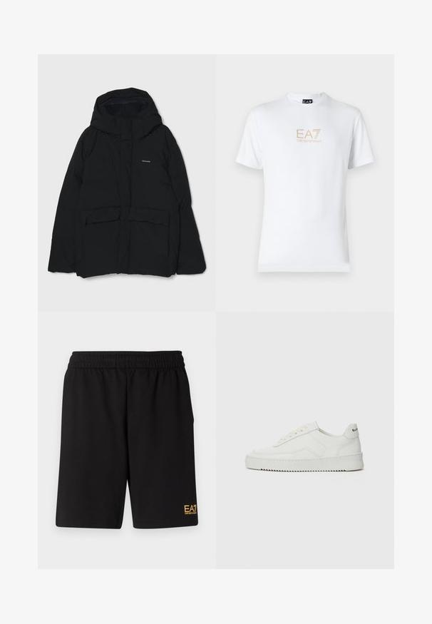 Mustat puffer-takki, jossa on huppu, etunapit, kaksi suurta taskua ja logo rinnassa. Sujuva pinta ja minimalistinen muotoilu.; Valkoinen puuvillapaita, jossa on pyöreä kaula-aukko ja lyhyet hihansuut. Paidassa on etupuolella kultainen EA7 Emporio Armani -logo.; Mustat urheilushortsit, jotka on valmistettu pehmeästä kankaasta. Kengissä on joustava vyötärönauha ja pieni keltainen EA7-logo vasemmassa alakulmassa.; Valkoinen nahkakenkä, jossa on sileä pinta, pyöreä kärki, tasaiset nauhat ja teksturoitu pohja. Sisältää huomaamattoman logon kantapäässä.