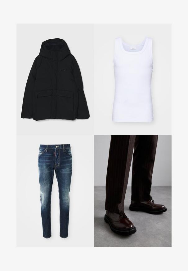 Juoda pūkinė striukė su gobtuvu, priekyje sagomis, dviem didelėmis kišenėmis ir logotipu ant krūtinės. Lygus paviršius su minimalistiniu dizainu.; Balti medvilninė be rankovių marškinėliai su apvaliu iškirpimu, pasižymintys lygiu tekstūru ir prigludusia forma, skirti kasdieniam dėvėjimui.; Tamsiai mėlynos džinsinės kelnės su siauru sijonu, su išblukusiomis vietomis ant šlaunų ir kelių, penkiais kišenėmis ir metaliniu mygtuko uždarymu.; Rudos odinės bateliai su raišteliais, blizgiu paviršiumi, juoda gumine absorbcija ir subtilia siūle. Dėvimi su rudos spalvos dryžuotomis kelnių.