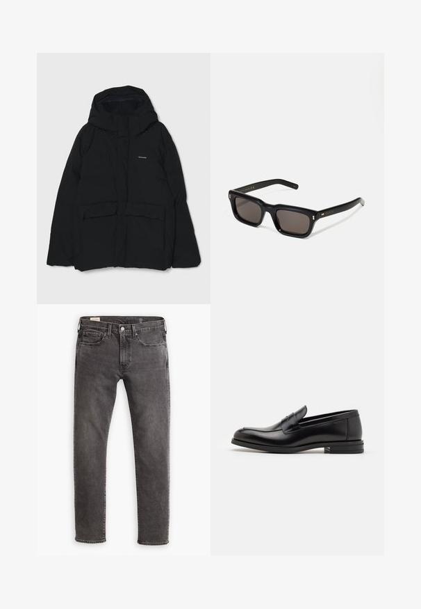 Juoda pūkinė striukė su gobtuvu, priekyje sagomis, dviem didelėmis kišenėmis ir logotipu ant krūtinės. Lygus paviršius su minimalistiniu dizainu.; Ilga rankovė balta marškinė, pagaminti iš minkštos medvilnės. Apvalus iškirpimas, tiesūs kraštai ir jokių matomų raštų ar grafikų.; Pilki džinsai su tiesiu kirpimu, penkių kišenių dizainu ir mygtukų užsegimu. Yra švelniai nudilę ir toniniu siuvinėjimu visame gaminyje.; Juodos odinės loafers, turinčios lygų paviršių, apvalią noselę ir dekoratyvinę juostą per priekinę dalį. Žemas krentantis kulnas, minimalistinis dizainas.; Juodos stačiakampės akinių nuo saulės su tamsiais objektyvais, storu plastiko rėmu, auksinėmis detalėmis ant šventyklų ir prekės ženklo logotipu išgraviruotu ant šono.