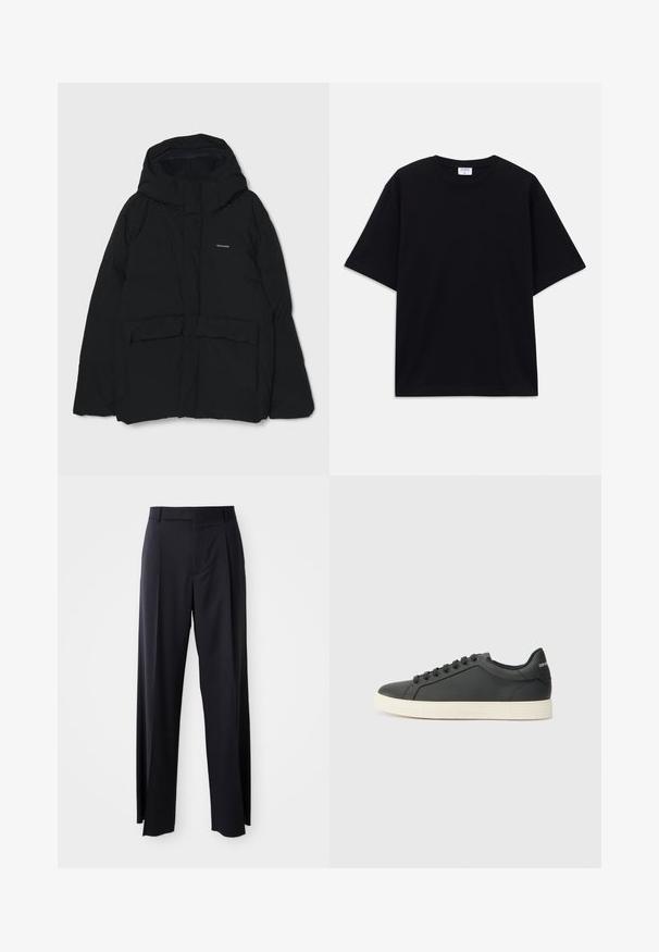 Casaco puffer em preto, com capuz, botões frontais, duas grandes bolsos e um logotipo no peito. Textura suave com um design minimalista.; T-shirt oversized de manga curta preta com decote redondo e etiqueta da marca Filippa K visível no interior da gola.; Calças pretas de cintura alta, com corte amplo, feitas de um tecido suave. Apresentam pregas frontais e passadores para cinto. Design minimalista, sem hardware visível.; Sapatilha de couro preto com perfil baixo, bico arredondado e fecho de atacadores; apresenta uma sola de borracha texturizada e detalhe do logotipo no calcanhar.