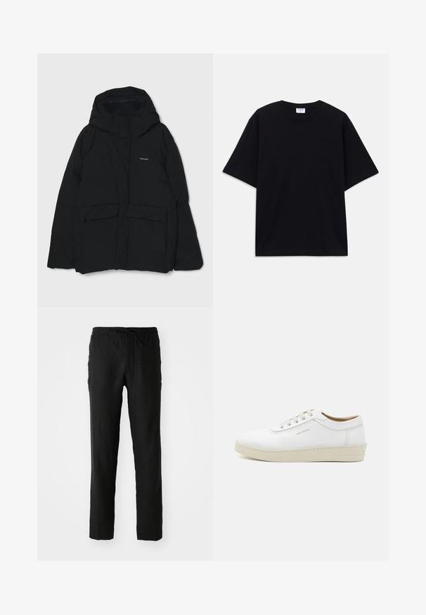 Must have vest must värvitud mustas, millel on kapuuts, esiklahendid, kaks suurt taskut ja logo rinnal. Sile tekstuur ja minimalistlik disain.; Must t-särk, lühikeste varrukatega, üle mõõdu, ümmarguse kaelusega ja nähtava Filippa K brändi sildiga kaelas.; Mustad linasest kangast püksid, millel on elastne vöökoht ja nöör. Sirge lõige ja sile tekstuur. Sobivad igapäevaseks kandmiseks.; Valge nahkne tenniseking, millel on tekstureeritud pind, ümar varbaosa, beež kummitald ning kuus halli paeldokki, millel on külgedel õrn brändimingutus.