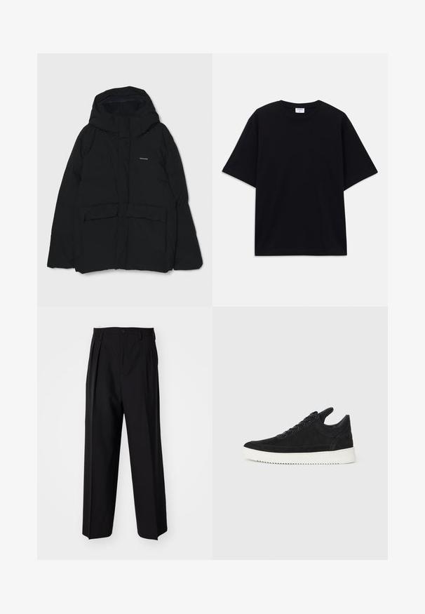 Melnā pufveida jaka ar kapuci, priekšējiem pogām, divām lielām kabatām un logotipu uz krūšu daļas. Gluda tekstūra ar minimālistisku dizainu.; Melns īsām piedurknēm oversize T-krekls ar apaļu kakla izgriezumu un redzamu Filippa K zīmola birku iekškaklā.; Melnas plisētās bikses ar taisnu, plata kāja dizainu. Izgatavotas no gludas auduma, ar pogu aizdari un jostas cilpiņām.; Melna zamša apavi ar baltu gumijas zoli, ar tonālu izšuvumu un auklu dizainu. Gluda tekstūra ar mūsdienīgu, plūstošu formu.