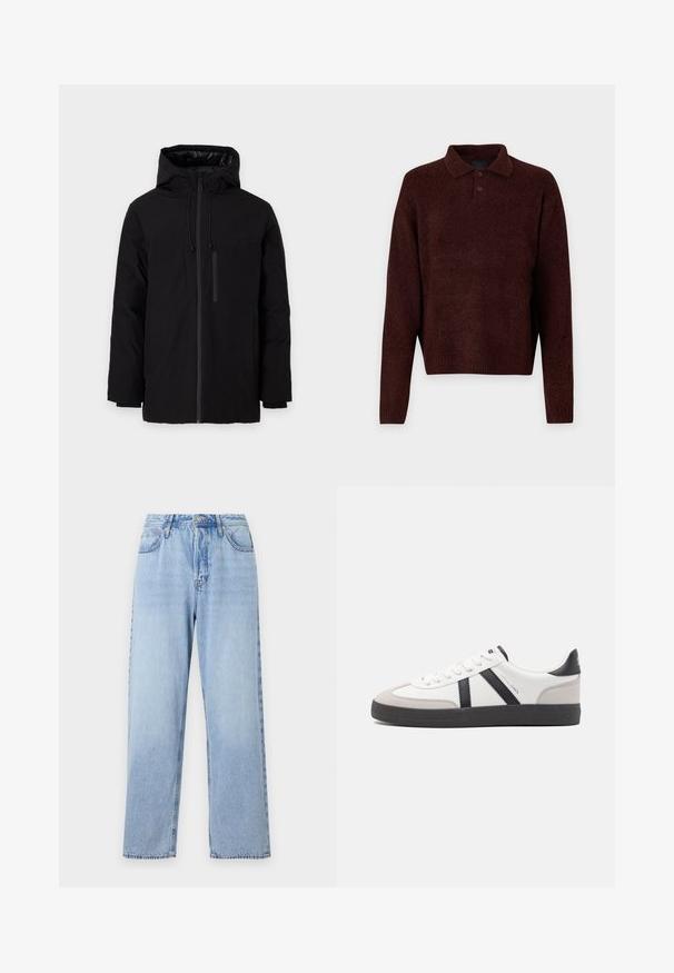 Črna vodoodporna jakna s kapuco, ki ima dva velika sprednja žepa in žep z zadrgo na prsih. Gladka zunanjost z nastavljivimi vrvicami.; Rjav pleten pulover s polo ovratnikom, tremi gumbi na vratu in dolgimi rokavi. Mehak material, rebrasti manšeti in rob.; Svetlo modre jeans hlače s ravnim krojem, visokim pasom, petimi žepi in zapiranjem na zgornji gumb. Imajo zbledel videz in kontrastne šive.; Bela športna obutev z črnimi in sivo akcenti, z teksturirano sivo kapico za prste, črnim gumijastim podplatom in ravnimi belimi vezalkami. Čista zasnova, minimalistični slog.