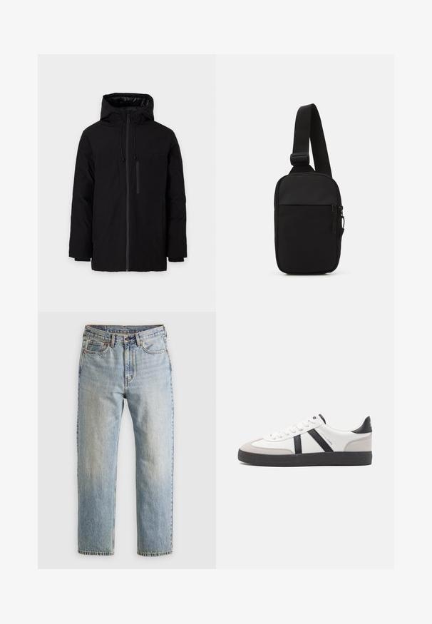 Zwarte waterdichte jas met capuchon, voorzien van twee grote voorzakken en een ritszak op de borst. Glad exterieur met verstelbare koordjes.; Bruin gebreid pullover met een polo kraag, drie knopen bij de hals en lange mouwen. Zachte textuur, geribde manchetten en zoom.; Lichtblauwe denim jeans met hoge taille, frontknop, rits en vijfzakkenontwerp, plat gelegd op een neutrale achtergrond.; Witte sneaker met zwarte en grijze accenten, voorzien van een grijze neus met textuur, zwarte rubberen zool en platte witte veters. Schoon ontwerp, minimalistische stijl.; Zwarte schoudertas gemaakt van duurzaam stof, met een enkele verstelbare schouderband, een gepartitioneerd hoofdcompartiment met rits en een voorvak.