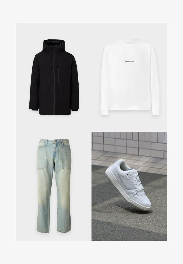 Čierna nepremokavá bunda s kapucňou, s dvoma veľkými prednými vreckami a vreckom na zips na hrudi. Hladký exteriér s nastaviteľnými šnúrkami.; Biela dlhá mikina s krátkym rukávom so malým čiernym písmovým logom "Originals Studio" umiestneným na hrudi.; Svetlomodré denimové nohavice so strihom rovného noha, viditeľným šitím a dvoma veľkými prednými vreckami. Textília má vyblednutú štruktúru.; Biele kožené tenisky s perforovanými stranami, textúrovanými akcentmi, plochými šnúrkami a kontrastnou sivou pätou. Majú mierne zvýšenú podrážku.