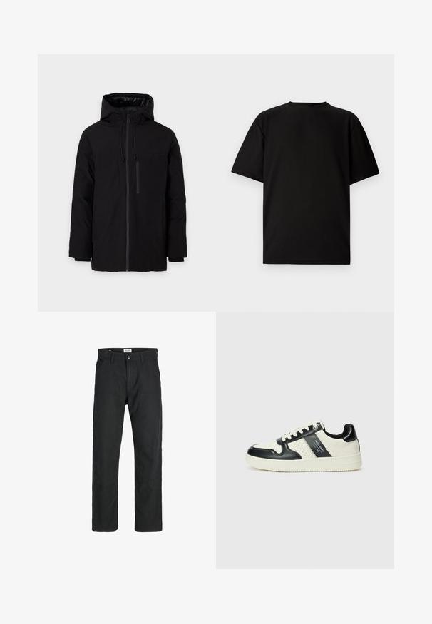 Crna vodootporna jakna s kapuljačom, koja ima dva velika prednja džepa i zip-zatvarač na prsnom džepu. Glatka vanjština s podesivim ušicama.; Crni kratki rukav T-shirt izrađen od rebrastog materijala. Ima okruglu izrezanu vratnicu i opušten kroj s glatkom teksturom. Samo stražnji pogled.; Crne hlače od izdržljivog materijala, s ravnim krojem, šivenim detaljima i dva prednja džepa za funkcionalnost.; Kožne tenisice s crno-bijelom paletom boja, koje imaju perforirane akcentne detalje, podstavljeni ovratnik i teksturiranu potplat.