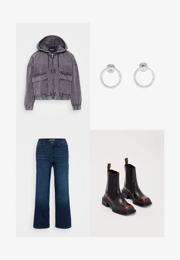 Pilkas kordūrojo švarkas su gaubtu, užtraukiamu uždarymu, dviem priekiniams kišenėms, elastingomis rankovėmis ir apdaila. Turi tekstūruotą paviršių ir laisvą kirpimą.; Even&Odd Petite 2 PACK - Viršus - light grey/black; ONLY Petite ONLMADISON BLUSH WIDE - Platėjantys džinsai - dark blue denim; Dr. Martens MAYBOLE CHELSEA - Aulinukai su platforma - black/cherry red; Sidabriniai metaliniai auskarai žiedų pavidalu su šveitimo tekstūra, turintys apvalų dizainą ir skaidrų laikiklį saugiam dėvėjimui.