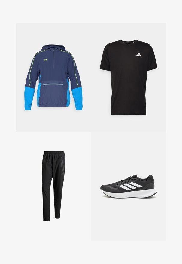 Navy and blue hooded windbreaker with a half zipper, reflective yellow accents, and a front zippered pocket. Smooth fabric with elastic cuffs.; Black cotton t-shirt with short sleeves, crew neckline, and a white logo on the left chest. Smooth texture and simple design.; Black athletic pants with an elastic waistband, two zippered side pockets, tapered legs, and a subtle logo detail on the hip.; Black athletic shoe with breathable mesh upper, white accents, and a cushioned sole. Features three stripes logo on the side.