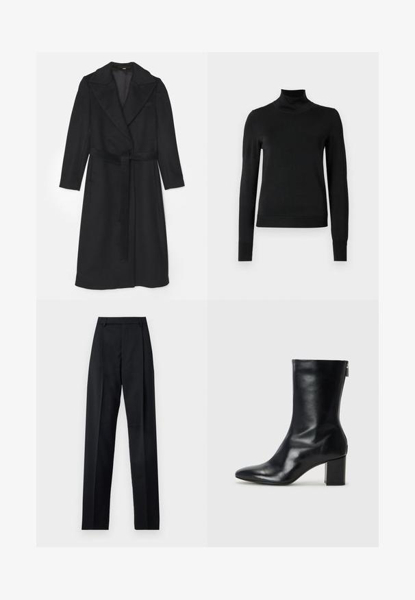 Palton negru din lână cu un design cu două rânduri de nasturi, reveri largi, mâneci lungi și o centură asortată la talie. Textură netedă, detalii minime.; Pulover negru cu mânecă lungă și guler tip colier, cu manșete și tiv cu elastic, expus pe un fundal alb simplu.; Pantaloni negri dintr-un material neted, cu talie înaltă, picioare largi, pliuri frontale și loop-uri clasice pentru curea. Fără buzunare laterale vizibile.; Botină din piele neagră, cu vârf ascuțit și toc bloc de 4 cm. Design elegant, cu un fermoar lateral pentru o îmbrăcare ușoară. Textură netedă.