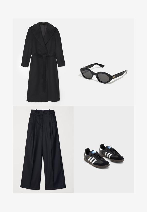 Cappotto di lana nera con design doppiopetto, ampi risvolti, maniche lunghe e una cintura abbinata in vita. Texture liscia, dettagli minimi.; Felpa nera con maniche lunghe, colletto a giro e polsini a coste. Presenta una texture liscia e un discreto dettaglio del logo sul davanti.; Pantaloni neri a gamba larga realizzati in un tessuto morbido, con vita alta, pieghe e un design sartoriale. Finiture semplici in nero in vita.; Sneakers neri con tomaia in suede e materiale sintetico, caratterizzati da tre strisce bianche, suola in gomma testurizzata e etichetta blu sul linguetta.; Occhiali da sole neri a forma ovale con lenti scure e montatura in plastica lucida. Presentano un logo dorato sulla stanghetta, offrendo un design elegante e moderno.