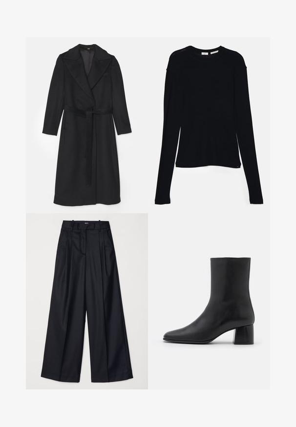 Juodas vilnonis paltas su dvigubo uždarymo dizainu, plačiais atlapais, ilgomis rankovėmis ir derančiu diržu liemens srityje. Lygi tekstūra, minimalus detaalių kiekis.; Juodas ilgų rankovių marškinėlis, pagamintas iš minkštos medžiagos, su apykakle ir laisvu siluetu, su šoninėmis sklendėmis apačioje, kad būtų lengviau judėti.; Juodos plačios kojų kelnės, pagamintos iš lygaus audinio, su aukštu liemeniu, klostėmis ir pritaikytu dizainu. Paprasta juoda detalių sistema liemens srityje.; Juodas odinis kulkšninis botas su smailiu pirštu ir masyviu kvadratiniu kulnu. Lygus paviršius be siūlių ir minimalizmu išsiskiriantis dizainas.