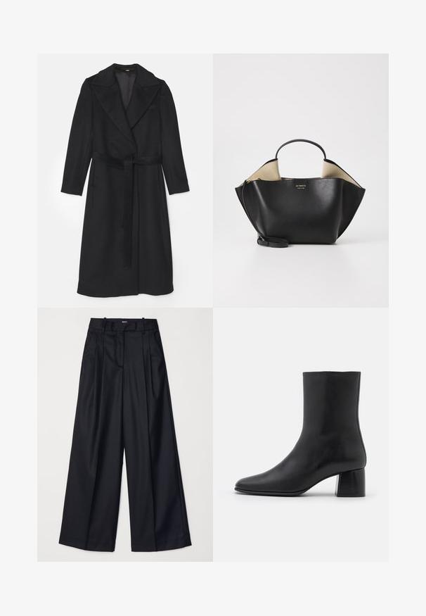 Crni vuneći kaput s dvostrukim kopčanjem, širokim reverima, dugim rukavima i odgovarajućim remenom u struku. Glatka tekstura, minimalno detaljiziranje.; Crna majica dugih rukava od mekog materijala, sa okruglim izrezom i ležernim krojem s bočnim prorezima na rubu za lakše kretanje.; Crne široke hlače izrađene od glatkog materijala, s visokim strukom, nabranim detaljima i krojem po mjeri. Jednostavan crni hardver na struku.; Crne kožne gležnjače s šiljastim vrhom i širokim kvadratnim potpeticom. Glatka tekstura s bešavnim dizajnom i minimalističkim šavovima.; Ree Projects ANN TOTE MINI - Ručna torba - black