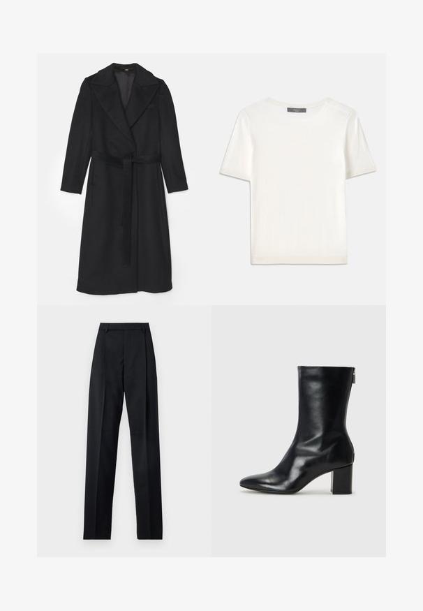 Čierny vlnený kabát s dvojitým zapínaním, širokými klopami, dlhými rukávmi a zladeným opaskom v páse. Hladká textúra, minimálne detaily.; Biele krátke rukávy pletené tričko s okrúhlym výstrihom, ktoré má jemnú textúru a nenápadné rebrované detaily na rukávoch a leme.; Čierne nohavice vyrobené z hladkej látky s vysokým pásom, širokými nohavicami, prednými záhybmi a klasickými pútkami na opasok. Žiadne bočné vrecká nie sú viditeľné.; Čierne kožené členkové topánky s špicatou špičkou a blokovým podpätkom vysokým 4 cm. Elegantný dizajn obsahuje bočný zips pre jednoduché obúvanie. Hladká textúra.
